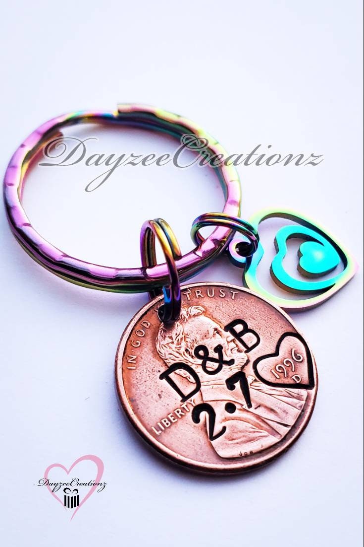 Personalized Anniversary Penny Keychain Customized with Initials and Date -Iridescent heart charm included