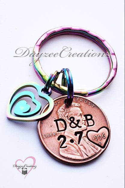 Personalized Anniversary Penny Keychain Customized with Initials and Date -Iridescent heart charm included