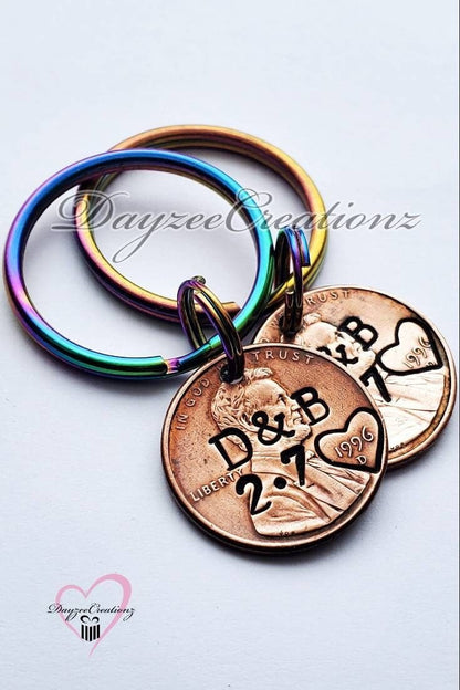 Unique Personalized Anniversary or Valentine's Day Gift for Husband, Wife, Boyfriend or Girlfriend.  Custom Lucky penny Keychains for Couples