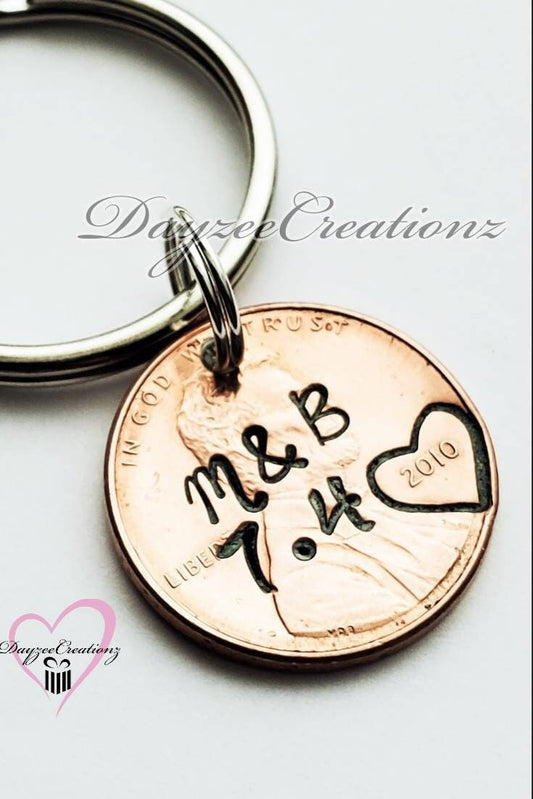 Personalized Penny Keychain, Hand Stamped Anniversary or Valentine's Day Gift for Him or Her