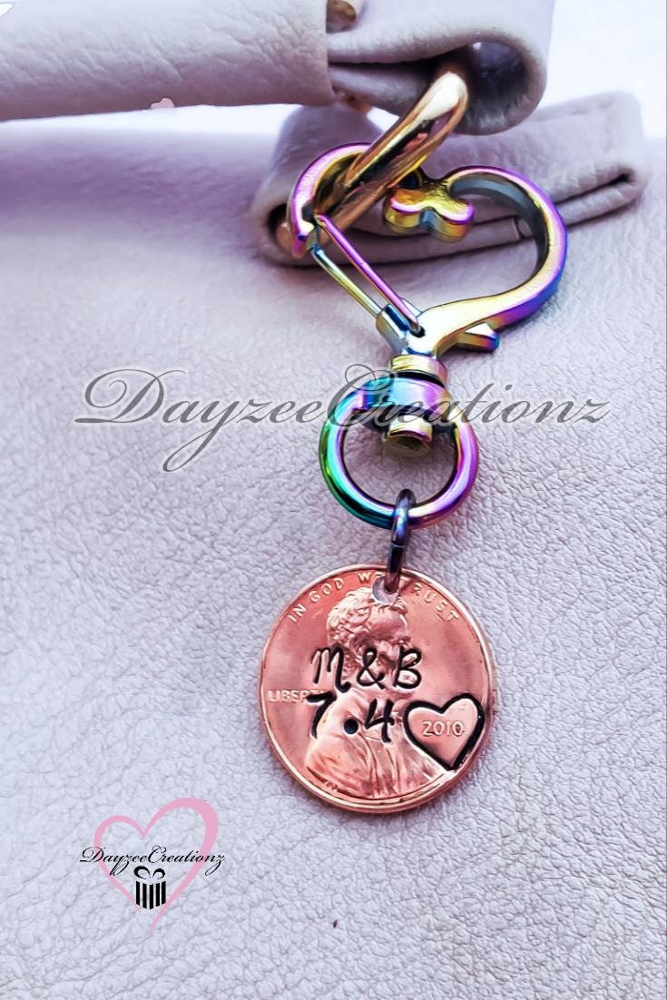 Personalized Penny Zipper pull, Valentine's Gift, Anniversary, Mother's Day, for Her,  Wife, Girlfriend,  Fiance, Swivel, Rainbow, Purse