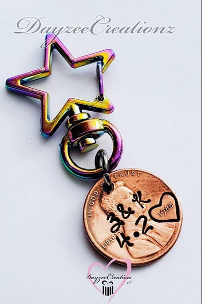 Personalized Penny Zipper pull, Valentine's Gift, Anniversary, Mother's Day, for Her,  Wife, Girlfriend,  Fiance, Swivel, Rainbow, Purse