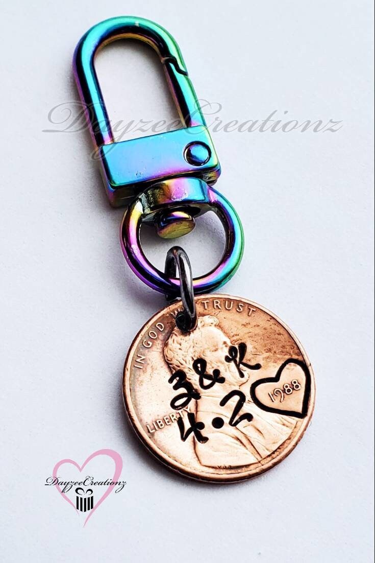 Personalized Penny Zipper pull, Valentine's Gift, Anniversary, Mother's Day, for Her,  Wife, Girlfriend,  Fiance, Swivel, Rainbow, Purse