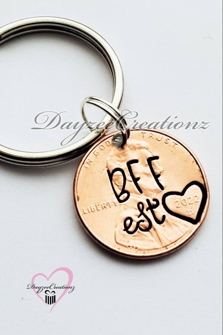 Best Friend Gift- Stamped Lucky Penny Keychain Custom with Your Text