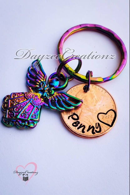 Memorial Sympathy Keepsake Gift, Penny from Heaven Keychain with Rainbow Angel Charm