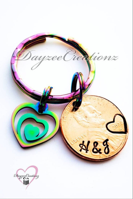 Personalized Anniversary Penny Keychain with Iridescent Heart Charm