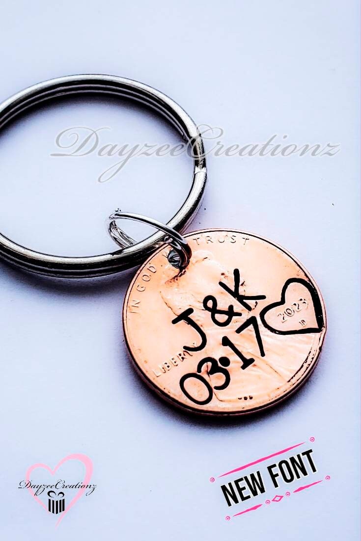 Unique Personalized Anniversary or Valentine's Day Gift for Husband, Wife, Boyfriend or Girlfriend.  Custom Lucky penny Keychains for Couples