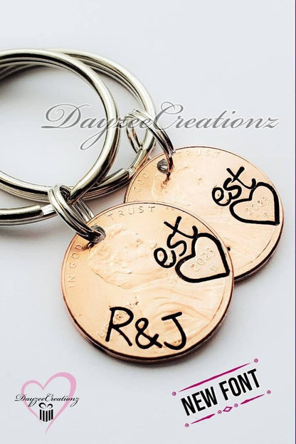 Pair of 2 Anniversary Penny Keychain with initials stamped on the curve and "est." stamped above penny year