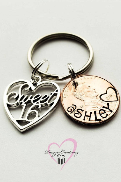 Personalized Sweet 16 PENNY Keychain, Name, for Her, Birthday, Best Friend, Girlfriend, Niece, Sister, Girl's 16th Birthday, Granddaughter