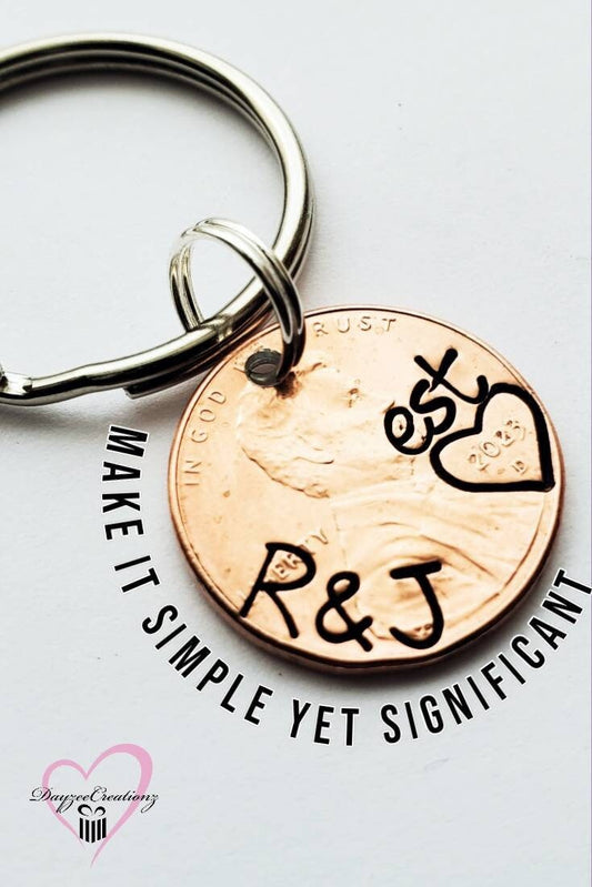Personalized Anniversary Penny Keychain Customized with Initials and Heart