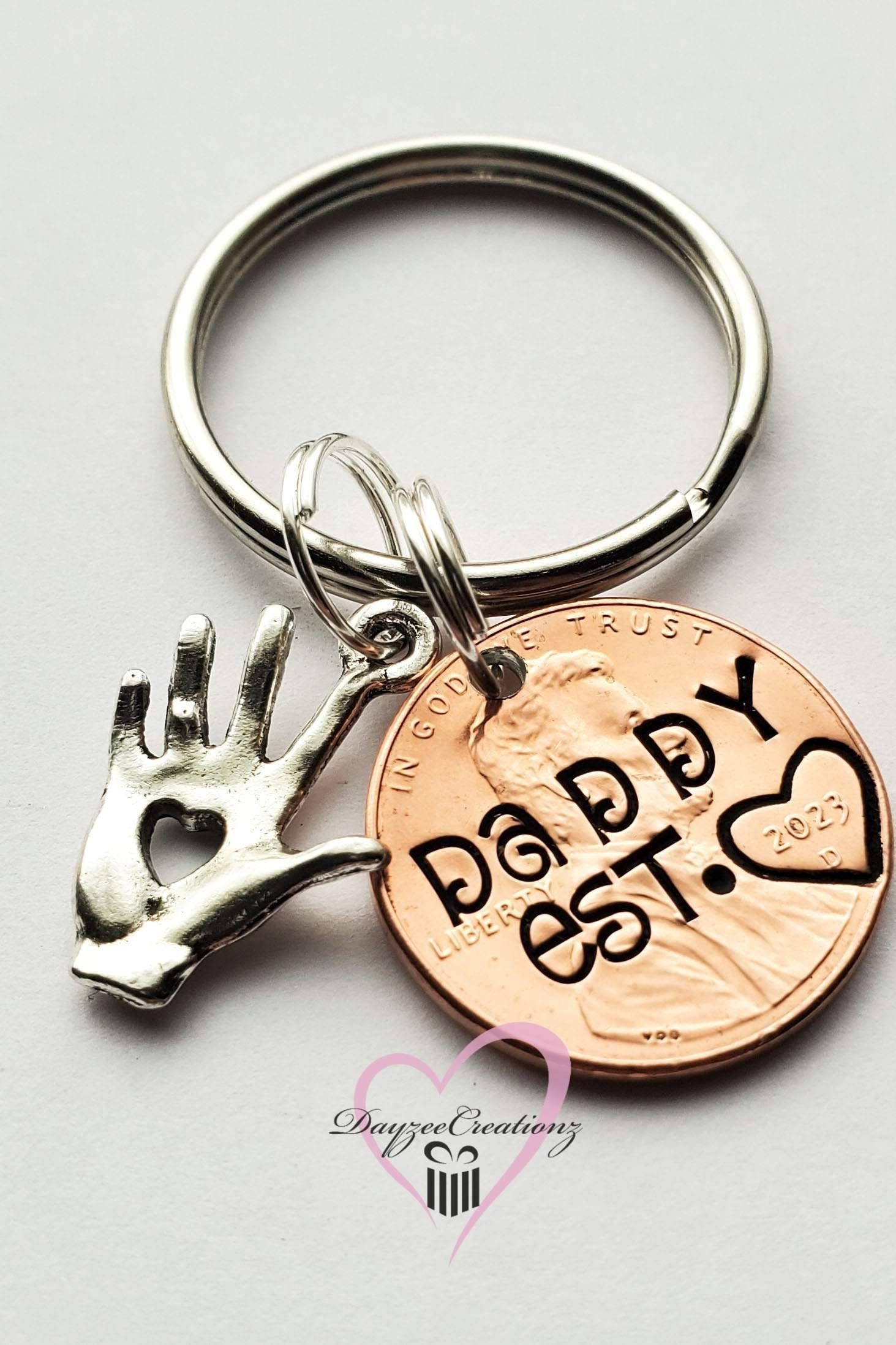 Personalized Dad Penny Keychain with Hand/heart charm