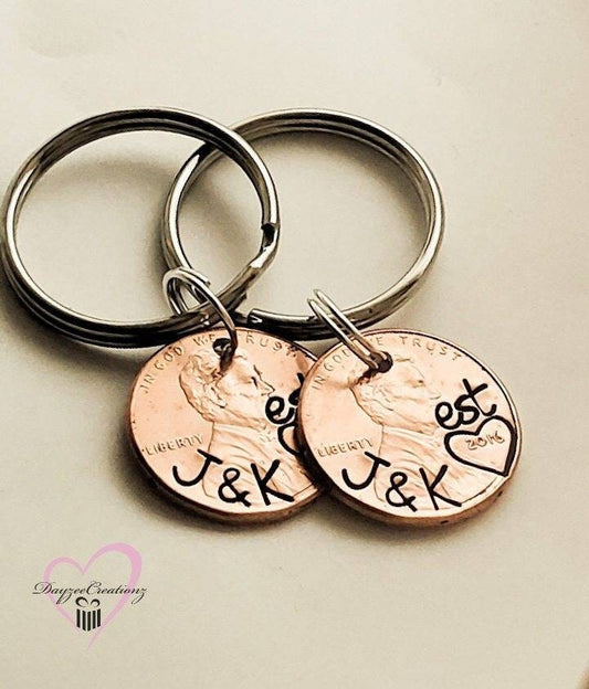 Unique Personalized Anniversary Penny Keychains Hand Stamped with Initials and Heart