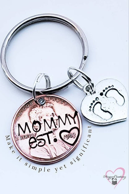 Hand Stamped Mom Penny Keychain with charm