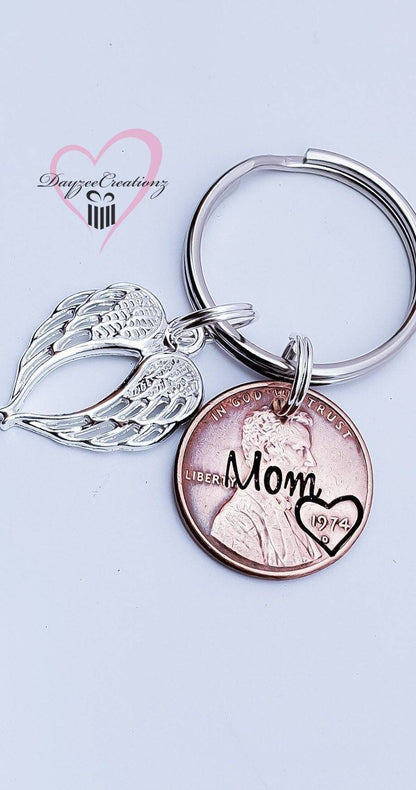 Sympathy, Memorial Gift, Personalized Penny from Heaven Keychain with Angel wing charm