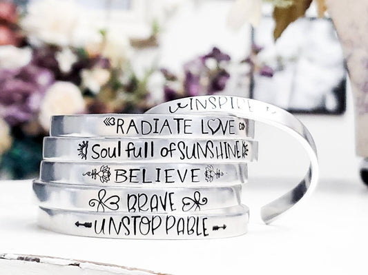 Personalized Skinny Cuff Bracelet, Gift, Inspirational, Mantra, Word of Intent, Motivational, Stamped, for Her, Mom, Best Friend, Sister,