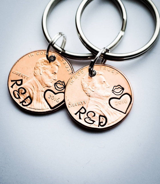 Pair of 2 Personalized Anniversary Penny Keychains with Lips stamped , and Initials