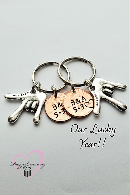 Unique Personalized Anniversary or Valentine's Day Gift for Husband, Wife, Boyfriend or Girlfriend.  Custom Lucky penny Keychains for Couples