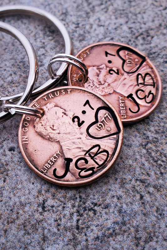 Thoughtful Personalized Anniversary Gift for Husband, Wife, Boyfriend or Girlfriend.  Great Custom Gift for Valentine's Day. Lucky Penny Keychain for couples.