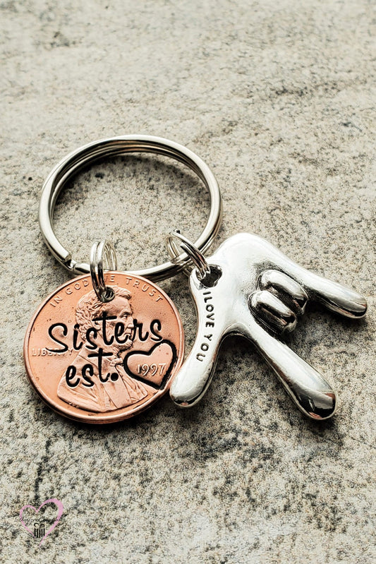 Personalized Penny Keychain for Sister or Best Friend Gift, With ASL I love you Hand Sign Charm